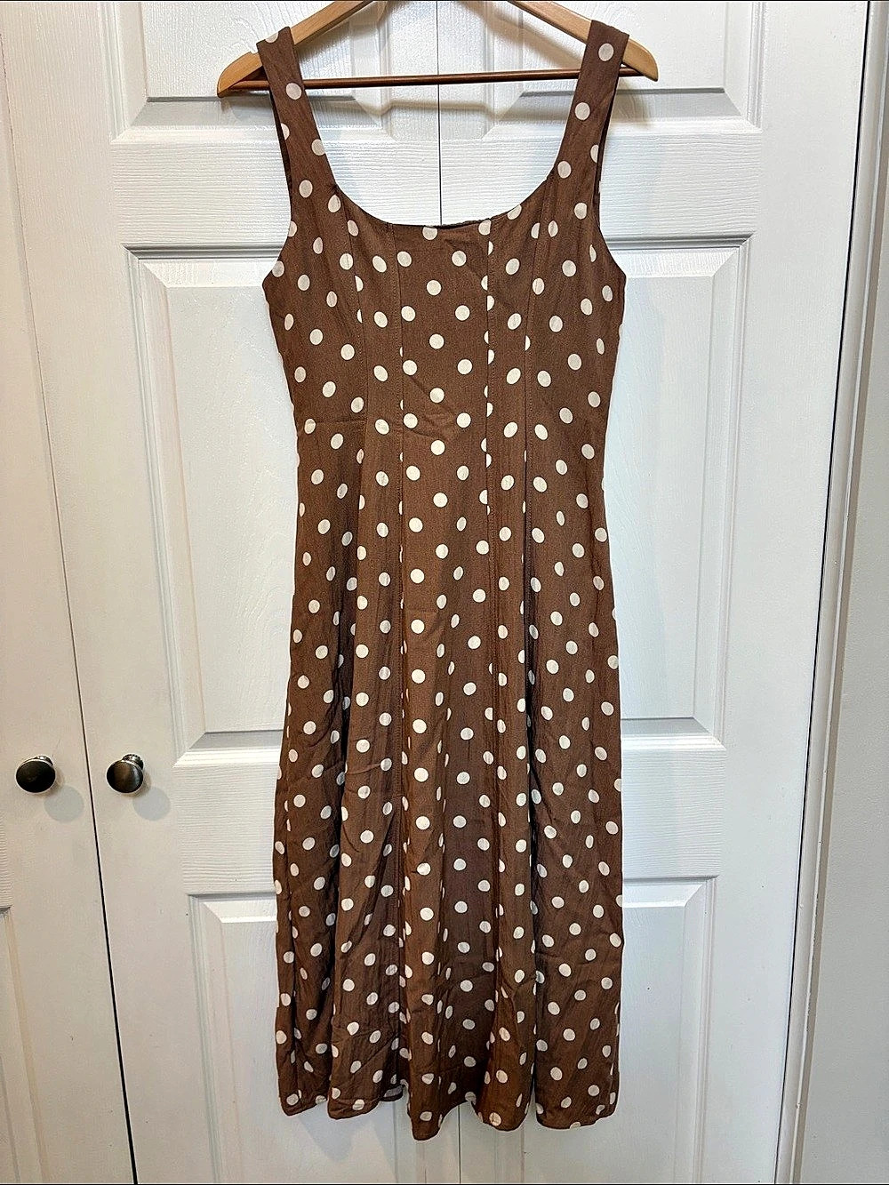The Workshop Brown & White Polka Dot Smocked Back Midi Dress M